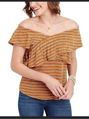 Maurices Off-Shoulder Ruffle Striped Crop Top - Rust and White